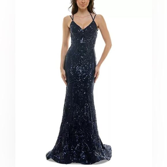 B Darlin Juniors' Sequined Lace-Up Gown Navy Sz 7/8 NWT - Picture 1 of 9